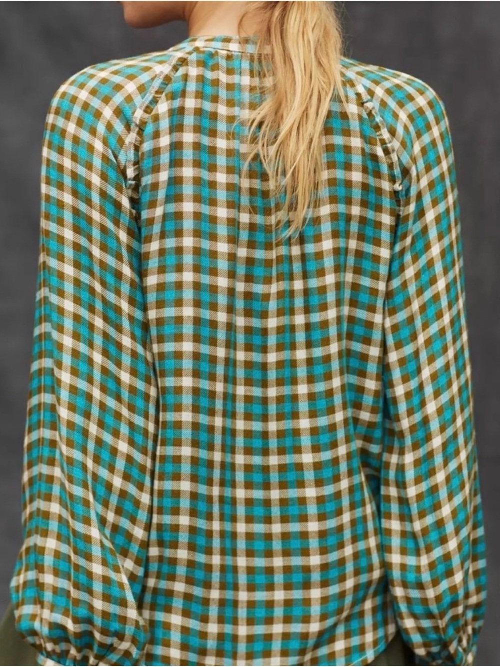 #639 Anthropologie PILCRO Breezy Teal & Olive Checked Button-Down Shirt - Picture 3 of 12